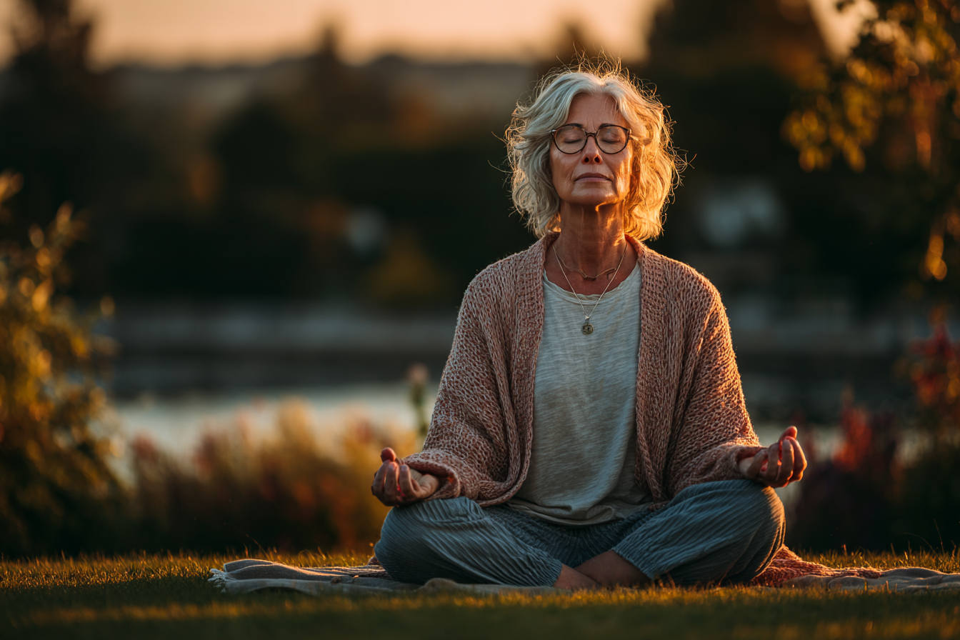 Група людей займається йогою в парку серед зелених дерев